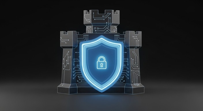 Digital shield with padlock icon representing data loss prevention (DLP) and data security